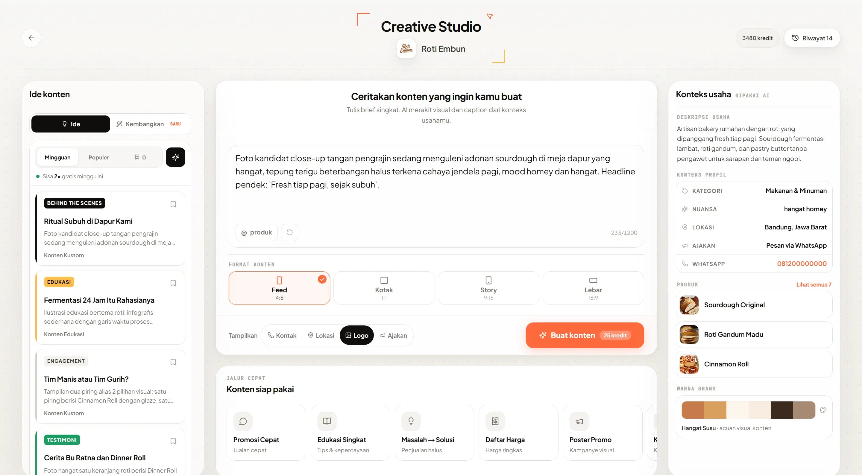 Tampilan Creative Studio KontenKit dengan ide konten, editor promosi, dan konteks usaha